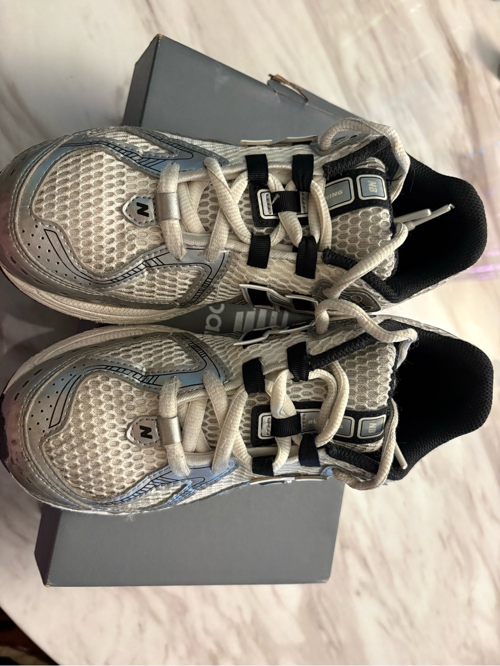 Kids White and Silver New Balance Athletic Sneakers